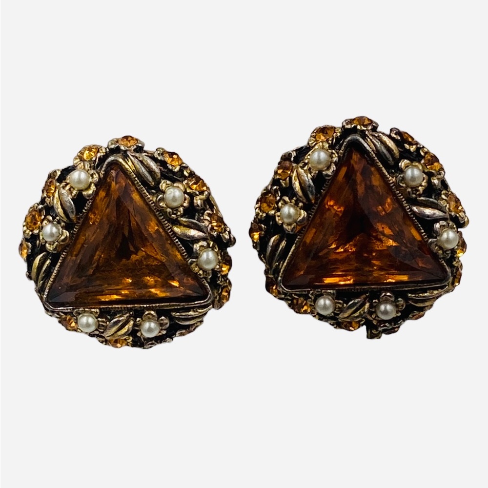 Huge Vintage Citrine Glass Faux Pearl Earrings
